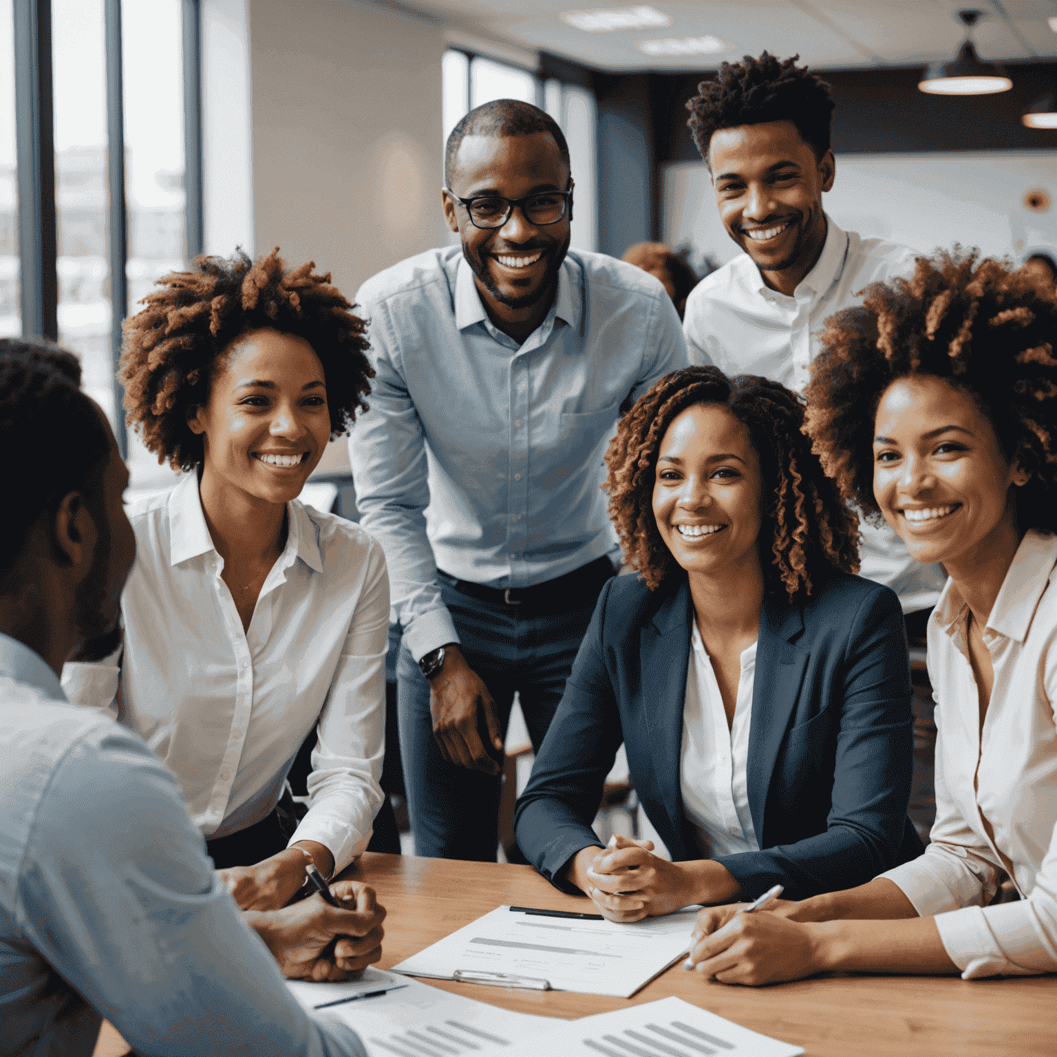 A diverse group of employees in a South African office, smiling and engaged in a meeting, representing the importance of employee engagement in the workplace