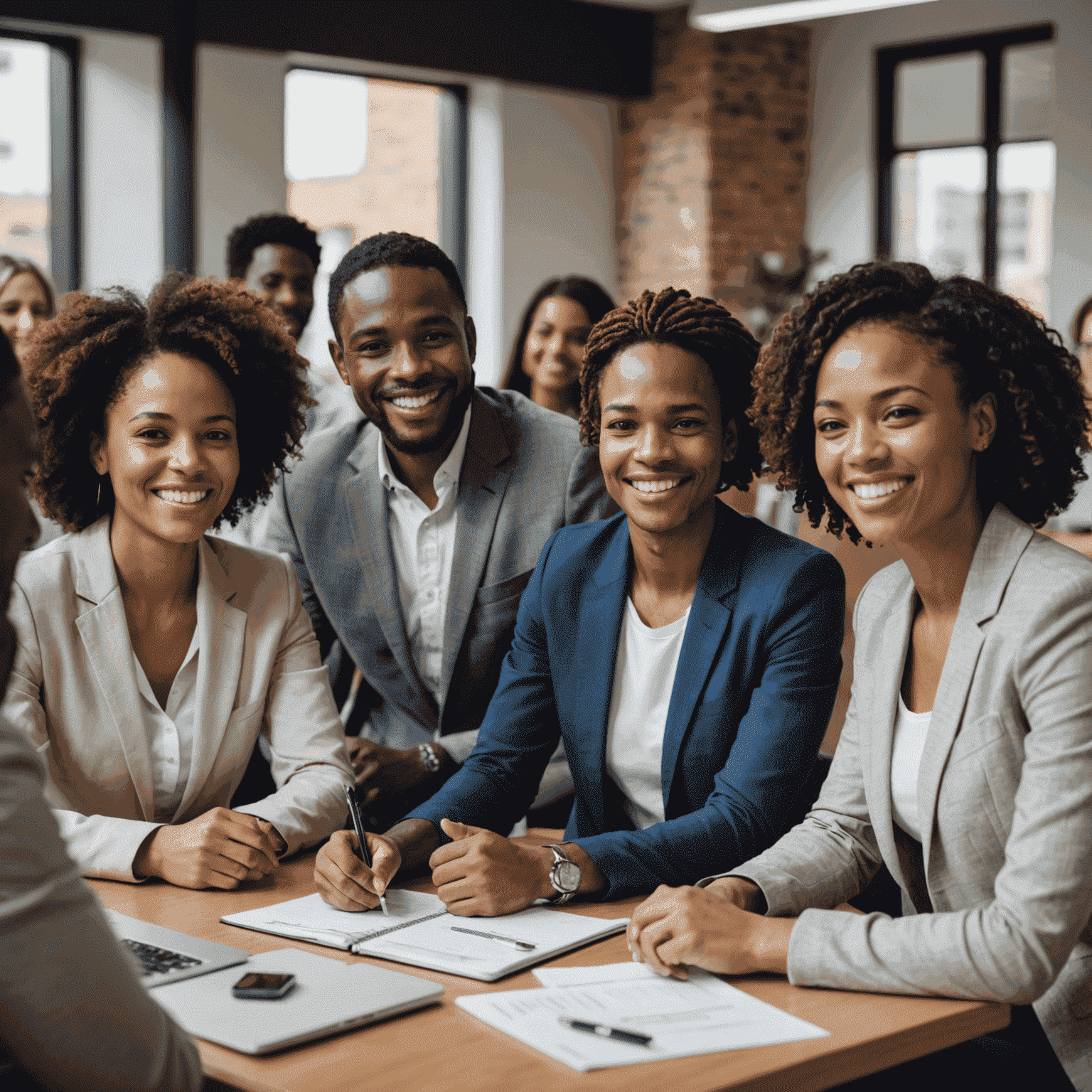 A diverse group of employees in a South African office, smiling and engaged in a meeting, representing the importance of employee engagement