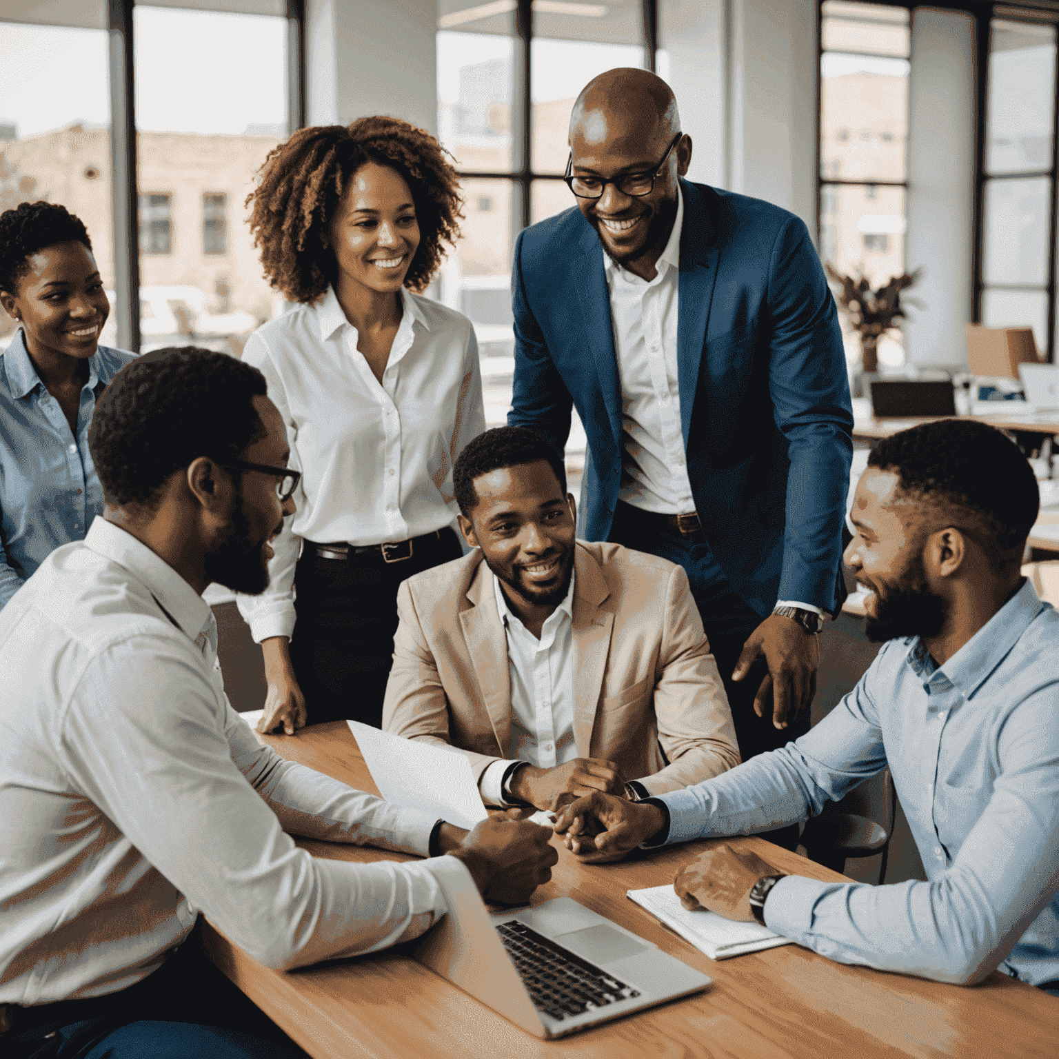 A diverse group of engaged South African employees collaborating in an office setting