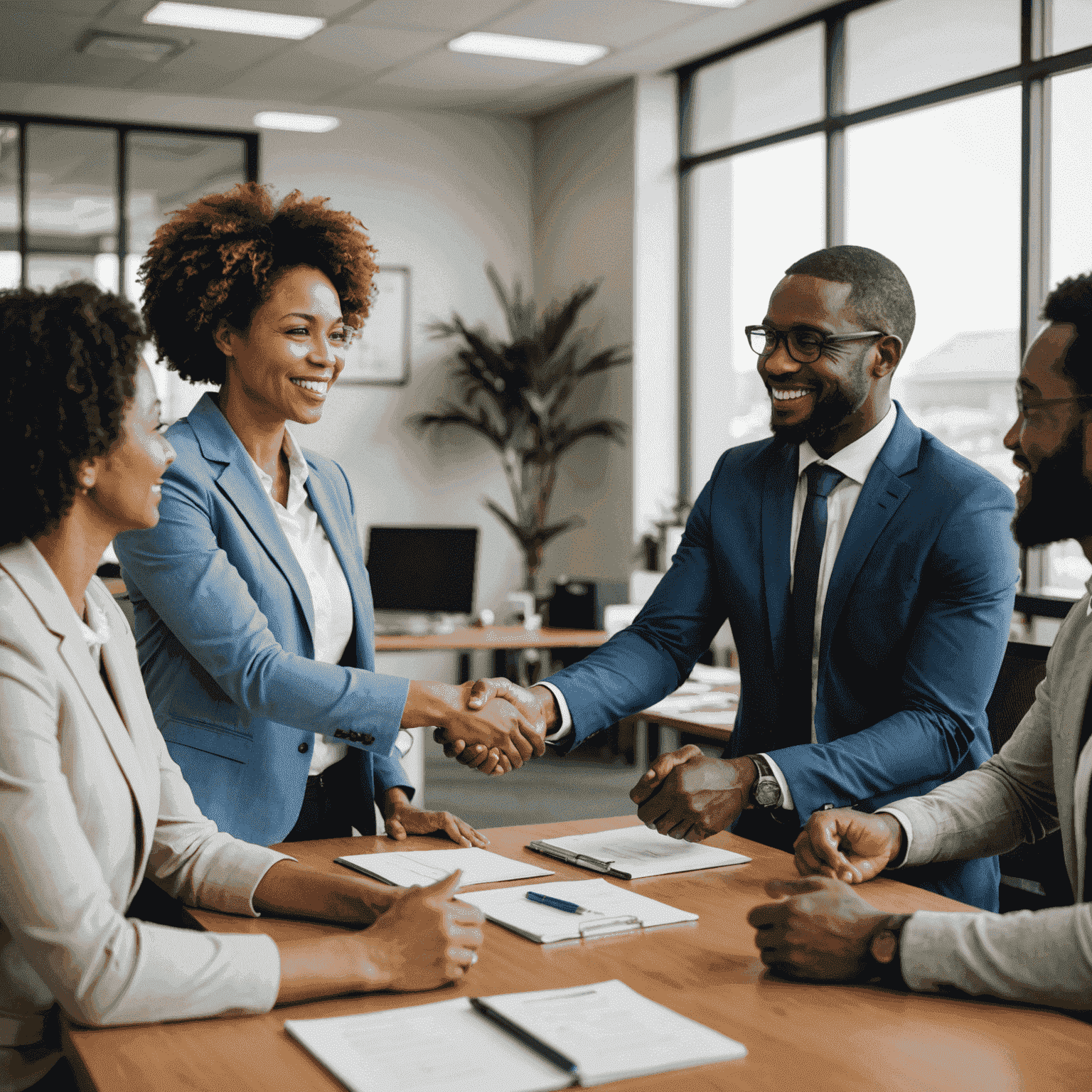 Diverse group of professionals shaking hands in an office setting in South Africa