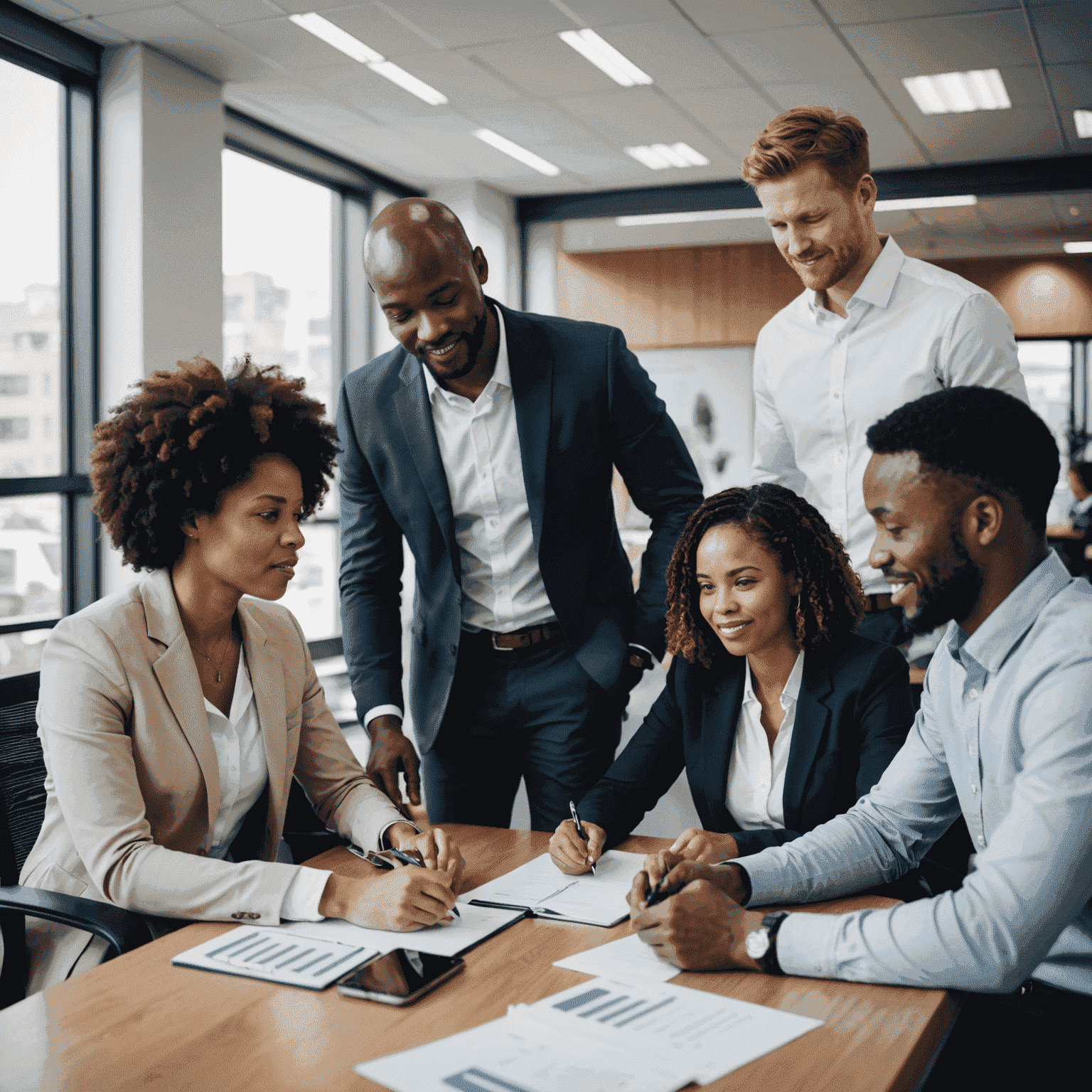 Diverse group of South African professionals collaborating in a modern office setting