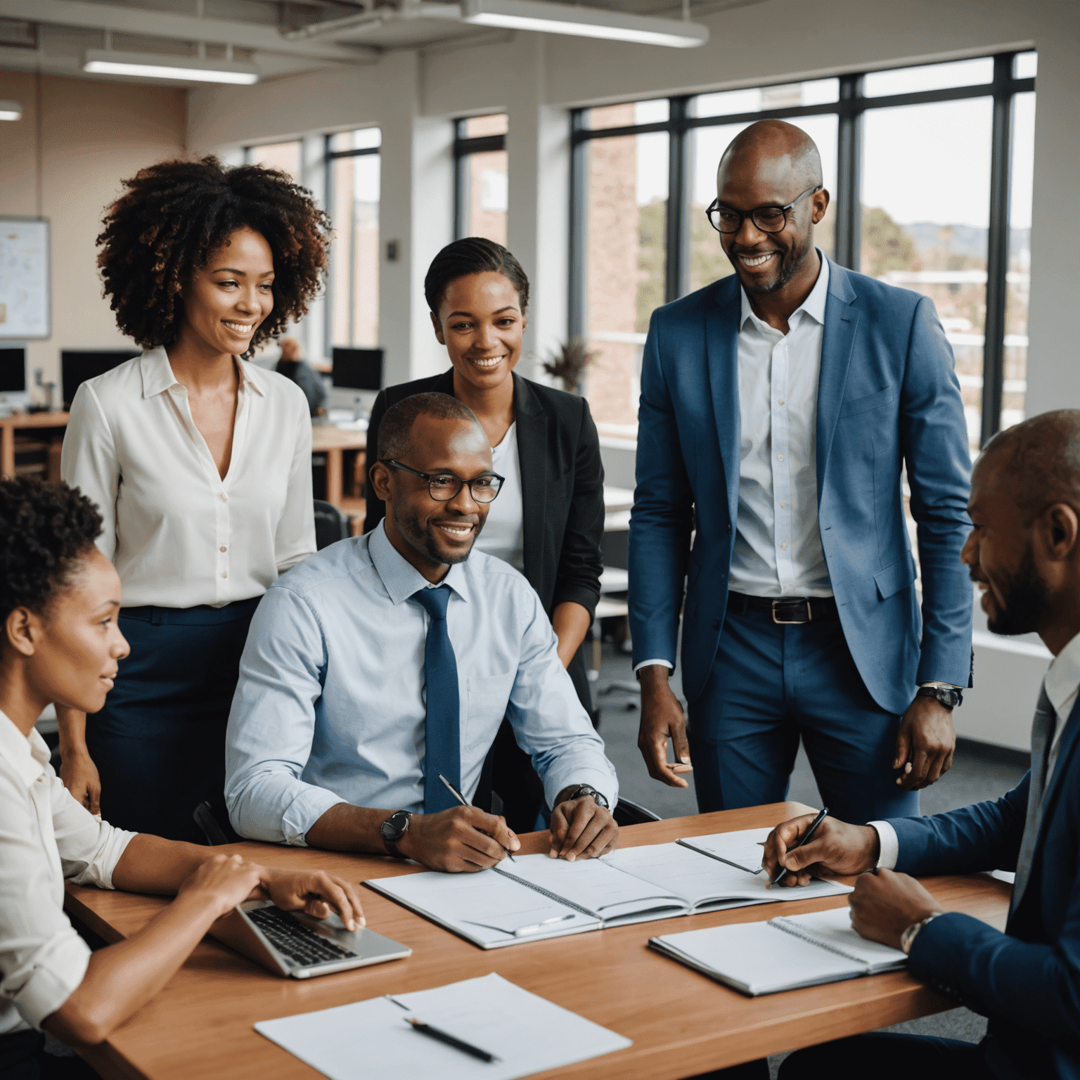 A diverse group of South African professionals collaborating in an office setting