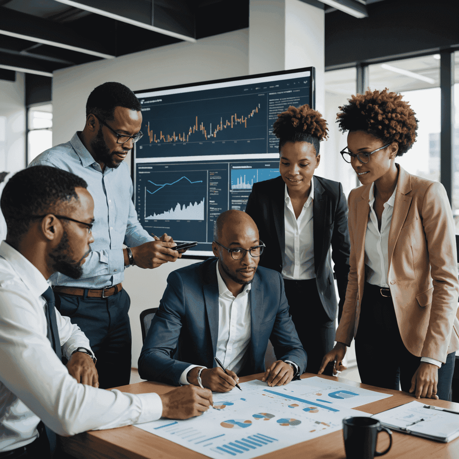 Group of diverse South African professionals collaborating in an office setting, looking at charts and data on a large screen