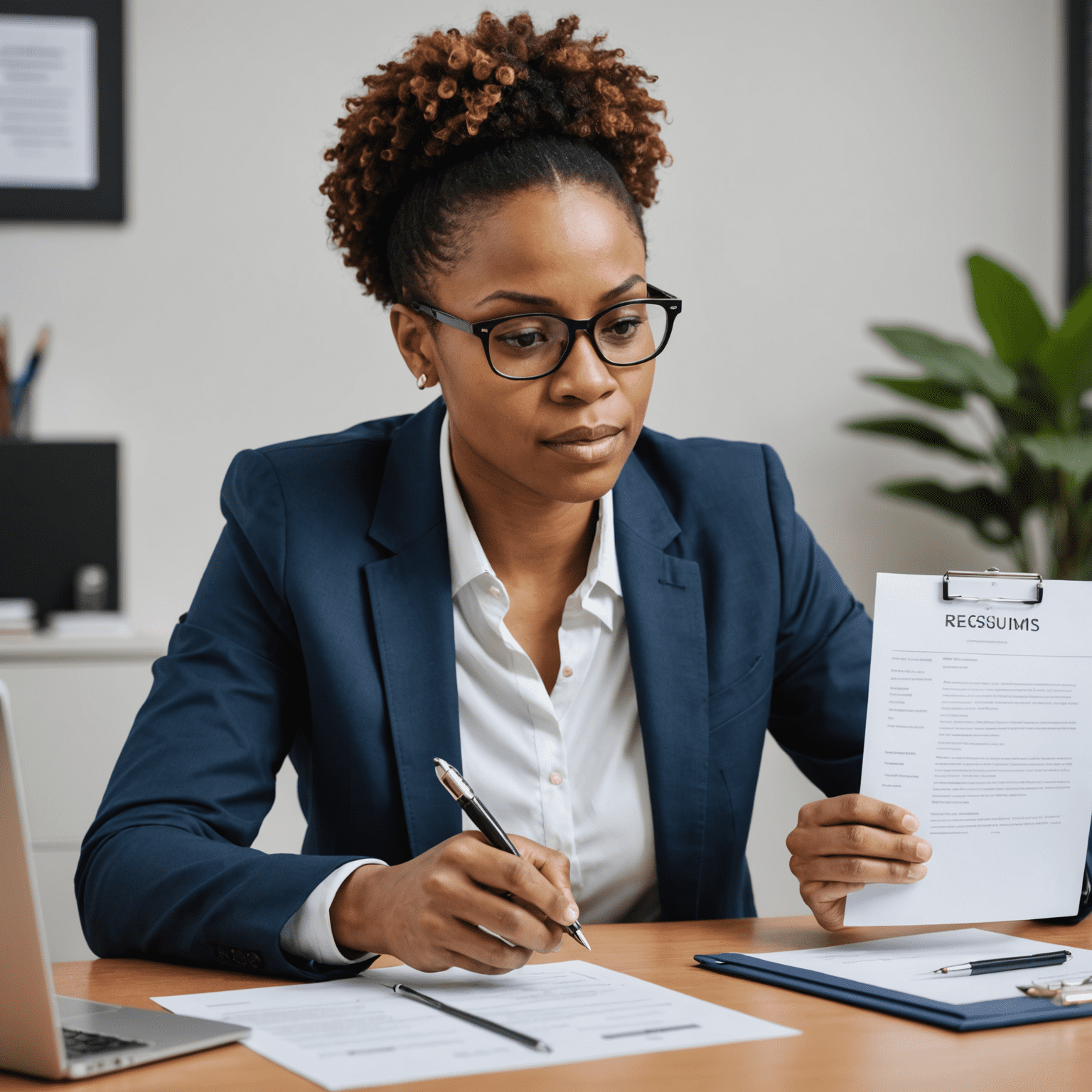 A HR manager reviewing resumes and applications, symbolizing the challenges of talent acquisition in South Africa