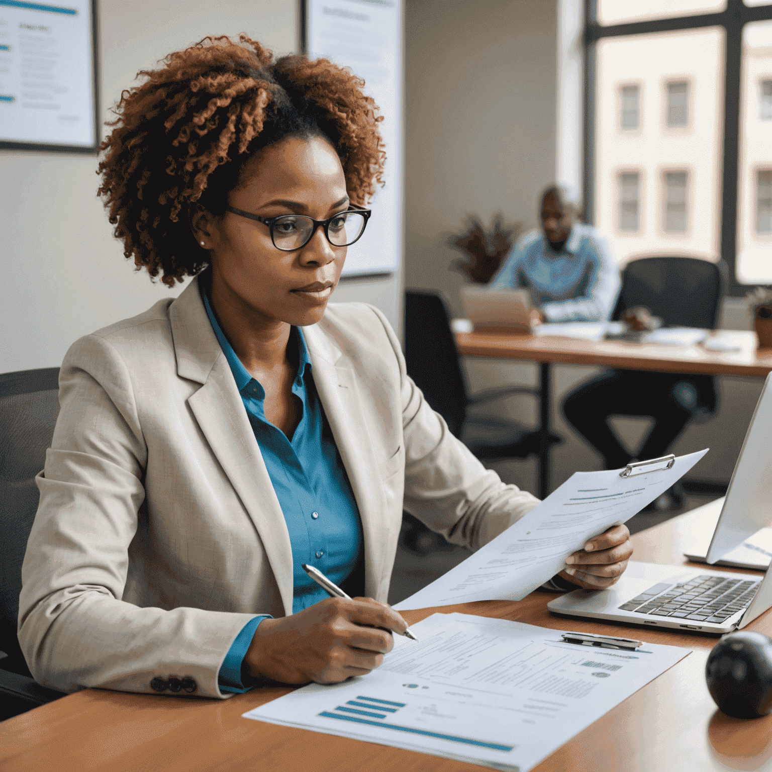 A HR manager reviewing resumes and applications, symbolizing the challenges of talent acquisition in South Africa