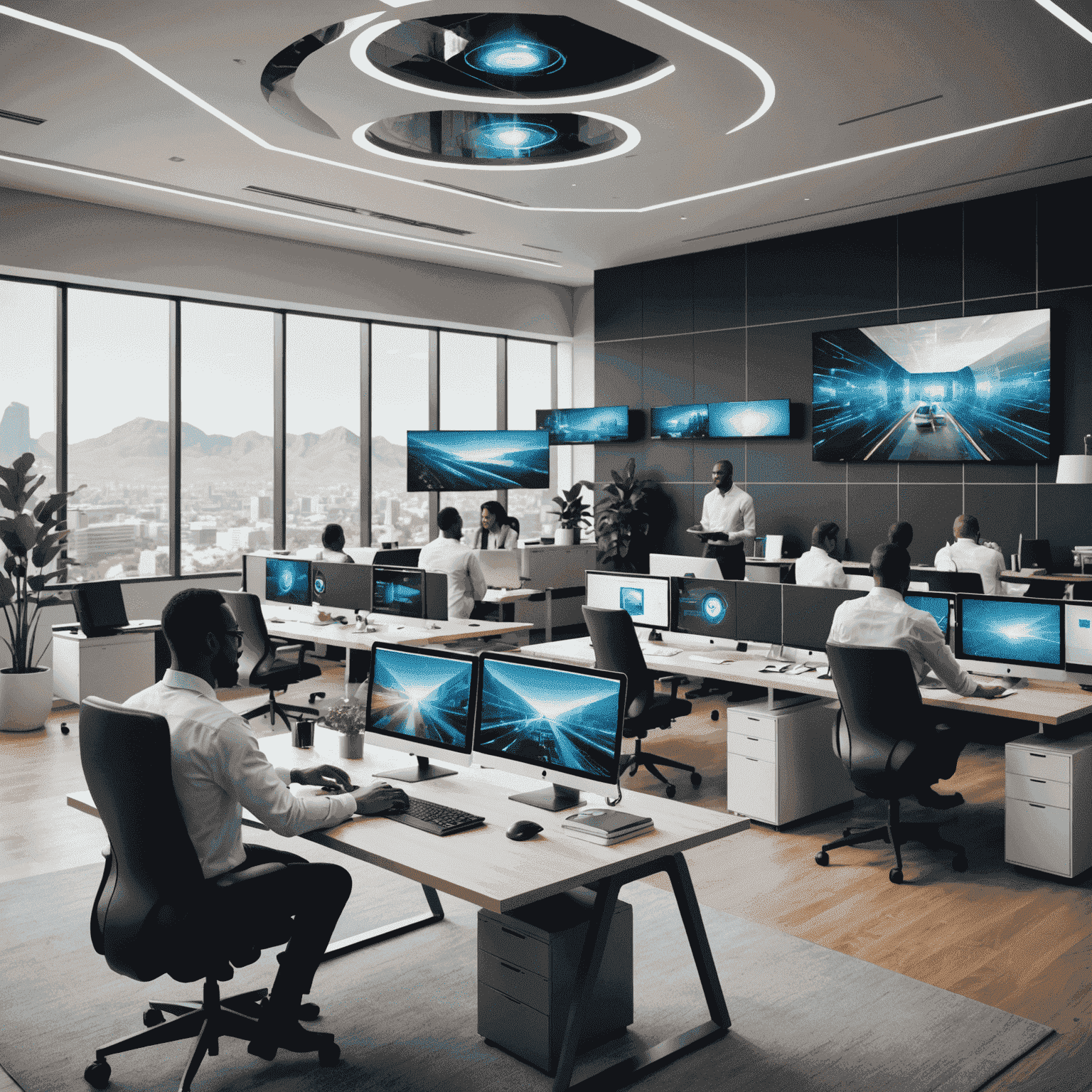 A futuristic office setting with employees working remotely and using advanced technology, illustrating the future of work in South Africa