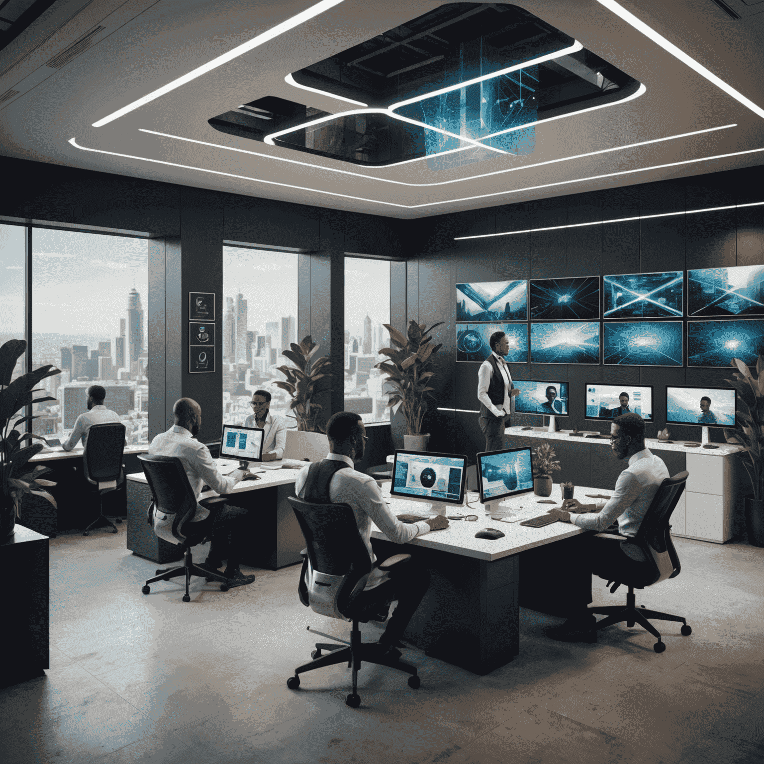 A futuristic office setting with employees working remotely and using advanced technology, representing the future of work in South Africa