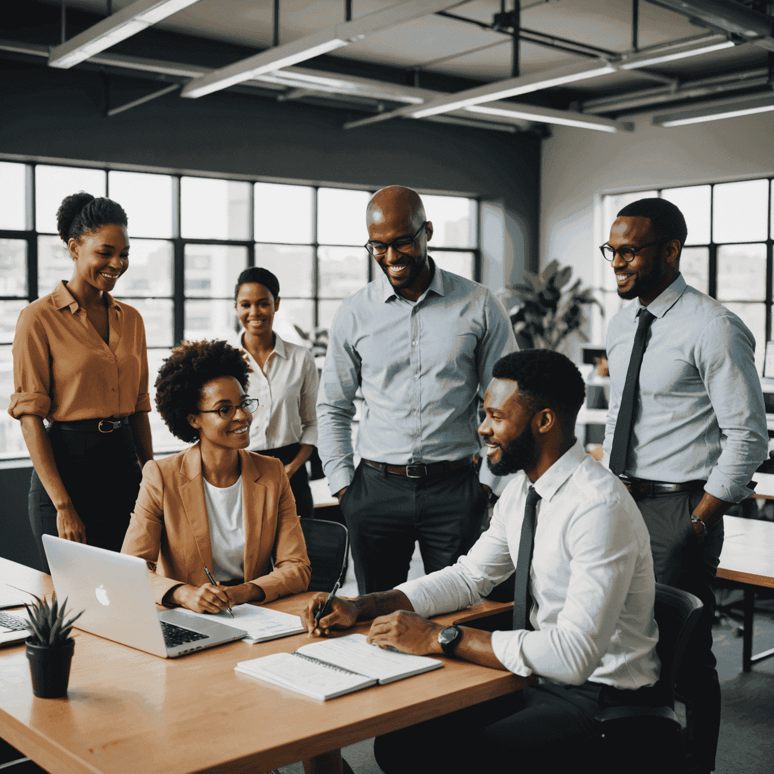 A diverse team of South African professionals collaborating on a project in a modern office